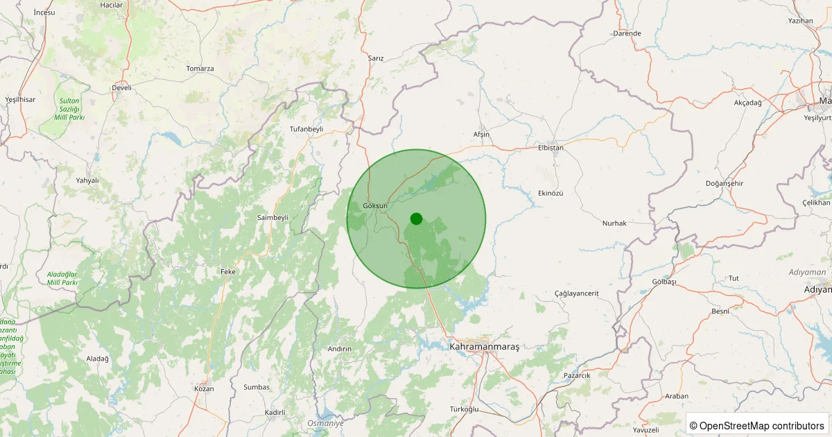 12 Ekim 2025 saat 19:06 - Göksun - Elmalı - 1.60ml depreminin harita gösterimi