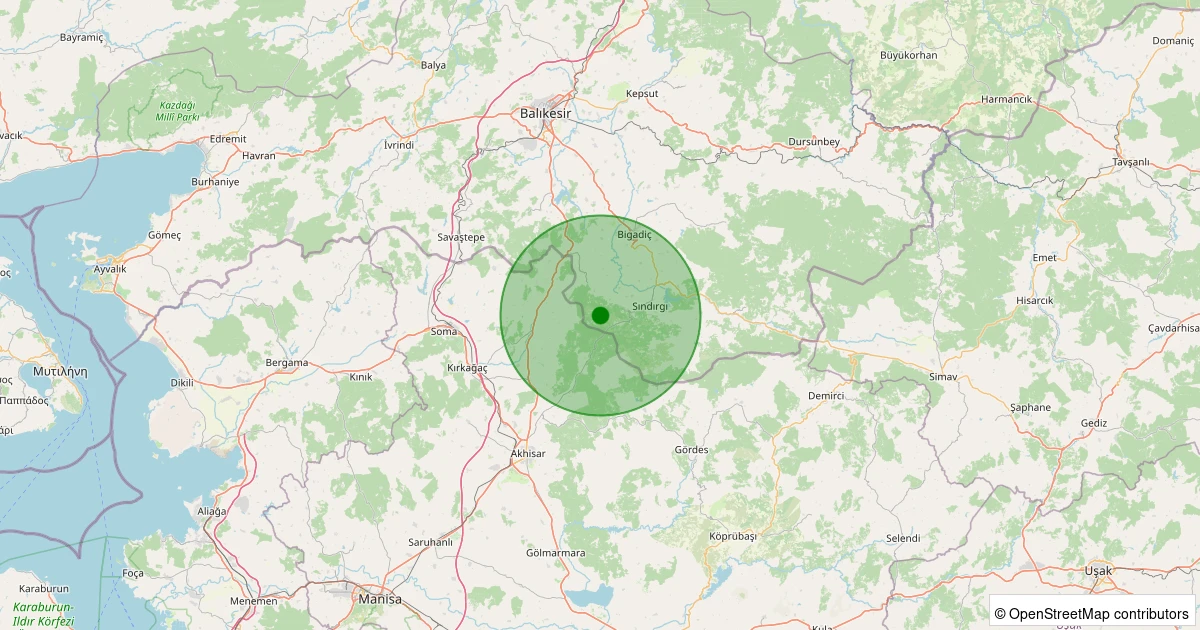 29 Kasım 2025 saat 21:46 - Sındırgı - Alakır - 1.50ML depreminin harita gösterimi