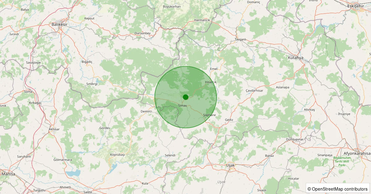12 Ekim 2025 saat 20:26 - Simav - Hüsüm - 1.10ml depreminin harita gösterimi