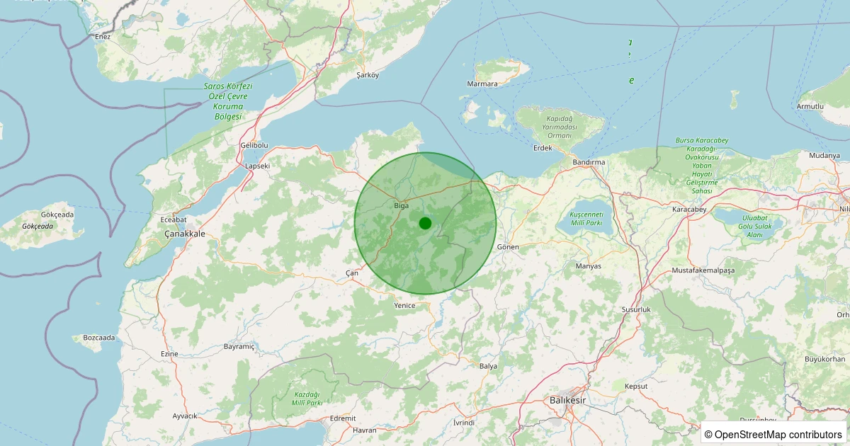 30 Kasım 2025 saat 01:37 - Biga - Arabaalan Köyü - 1.40ML depreminin harita gösterimi