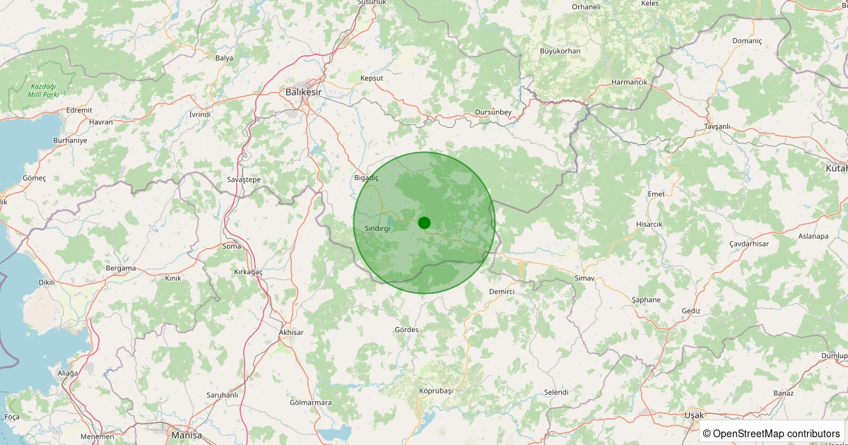 30 Kasım 2025 saat 02:36 - Sındırgı - Kıranköy - 0.90ML depreminin harita gösterimi