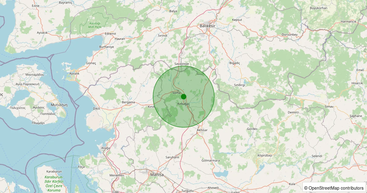 12 Ekim 2025 saat 21:33 - Kırkağaç - Öveçlı - 1.50ml depreminin harita gösterimi