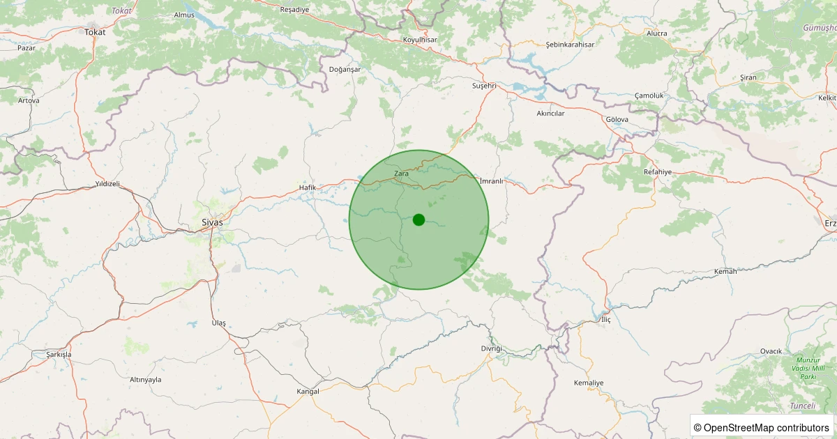01 Aralık 2025 saat 16:03 - Zara - Alişanbeyağılı Köyü - 1.50ml depreminin harita gösterimi