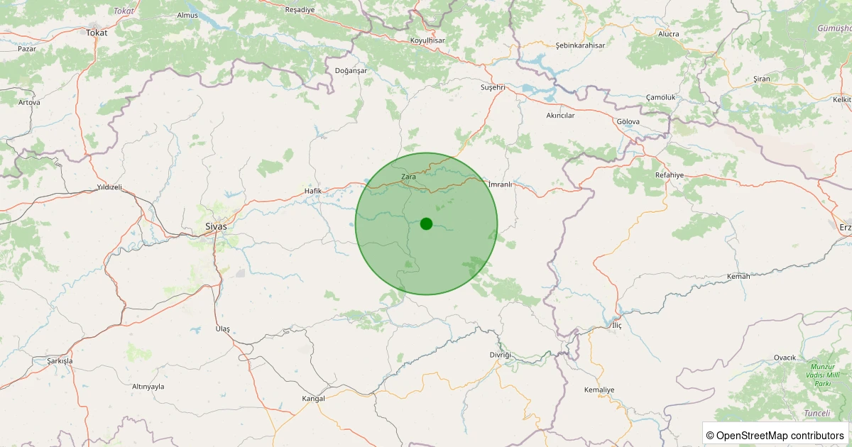 01 Aralık 2025 saat 16:03 - Zara - Alişanbeyağılı Köyü - 1.50ML depreminin harita gösterimi