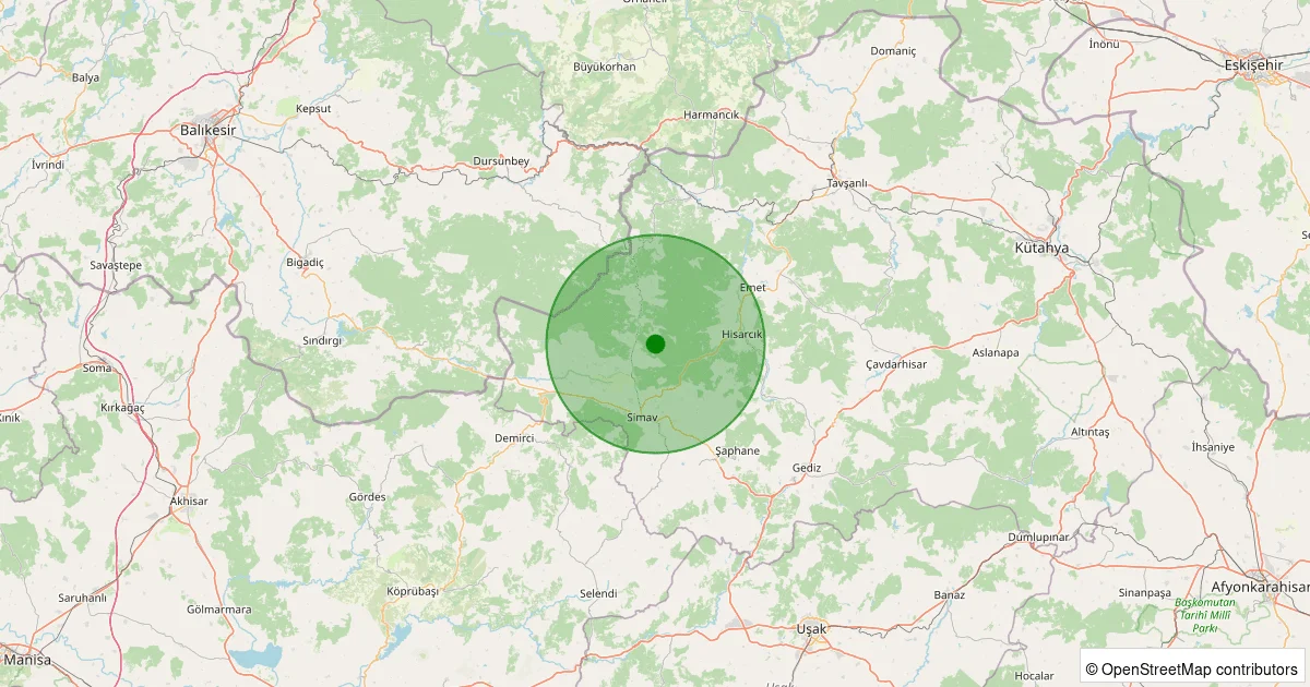 12 Ekim 2025 saat 23:35 - Simav - Yemişli Köyü - 1.90ml depreminin harita gösterimi