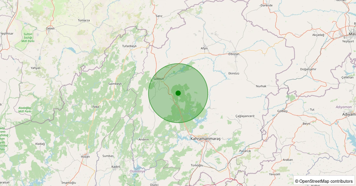 02 Aralık 2025 saat 01:36 - Onikişubat - Şahinkayası Kurtuluş - 2.10ML depreminin harita gösterimi