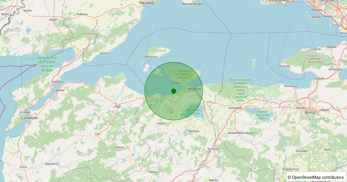 02 Aralık 2025 saat 03:56 - Marmara Denizi - Erdek Körfezi - [04.44 km] Bandırma (Balıkesir) - 1.50ML depreminin harita gösterimi