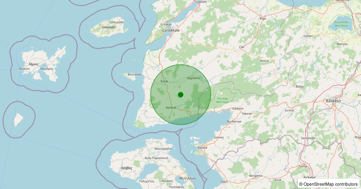 02 Aralık 2025 saat 04:32 - Bayramiç - Koşuburnu Köyü - 1.50ML depreminin harita gösterimi