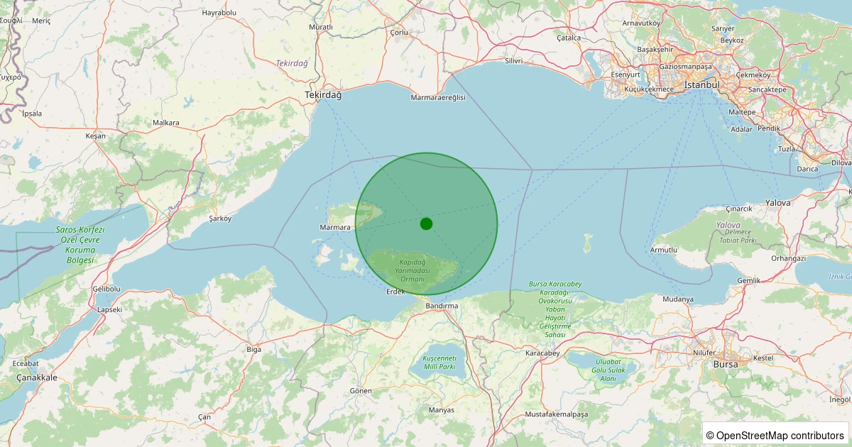 02 Aralık 2025 saat 05:37 - Marmara Denizi - [10.22 km] Erdek (Balıkesir) - 1.50ML depreminin harita gösterimi