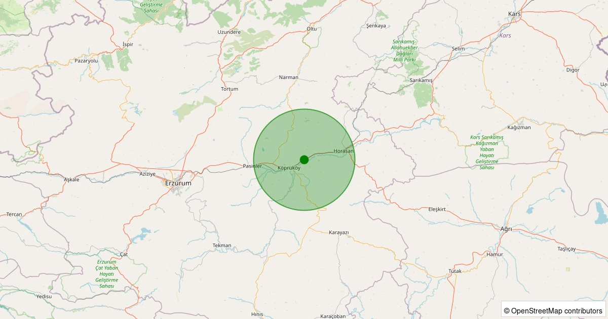 02 Aralık 2025 saat 09:31 - Köprüköy - Yapağılı - 1.50ML depreminin harita gösterimi