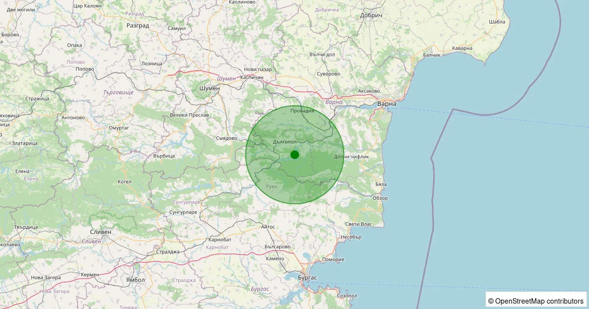02 Aralık 2025 saat 11:59 - Dalgopol, Varna (Bulgaristan) - [102.27 km] Kofçaz (Kırklareli) - 1.40ML depreminin harita gösterimi