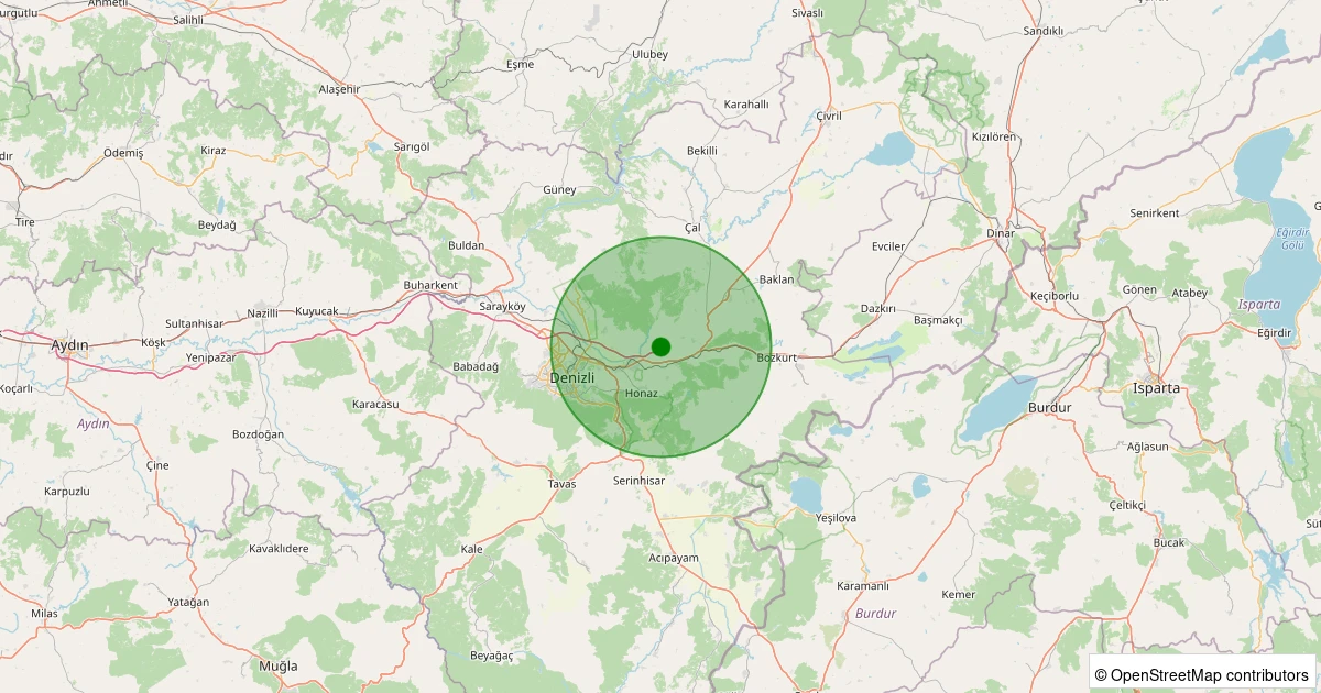 02 Aralık 2025 saat 19:46 - Honaz - Dereçiftlik - 1.20ML depreminin harita gösterimi