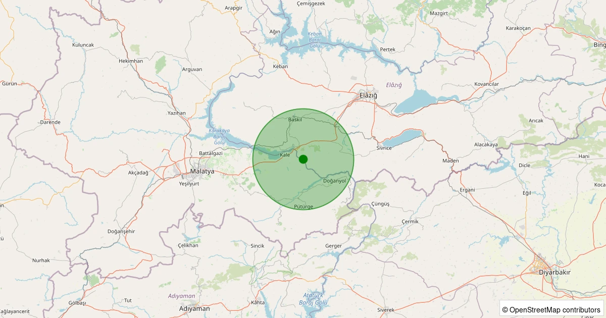 03 Aralık 2025 saat 21:08 - Baskil - Yaylanlı Köyü - 1.00ml depreminin harita gösterimi