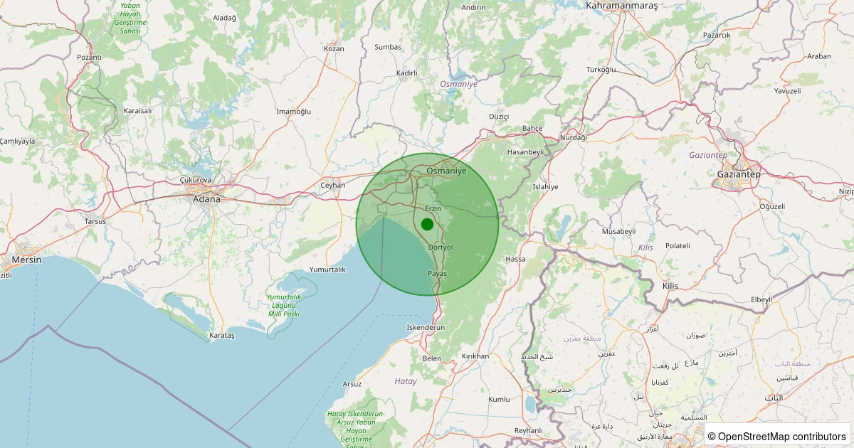 03 Aralık 2025 saat 21:44 - Dörtyol - Altınçağ - 2.10ml depreminin harita gösterimi