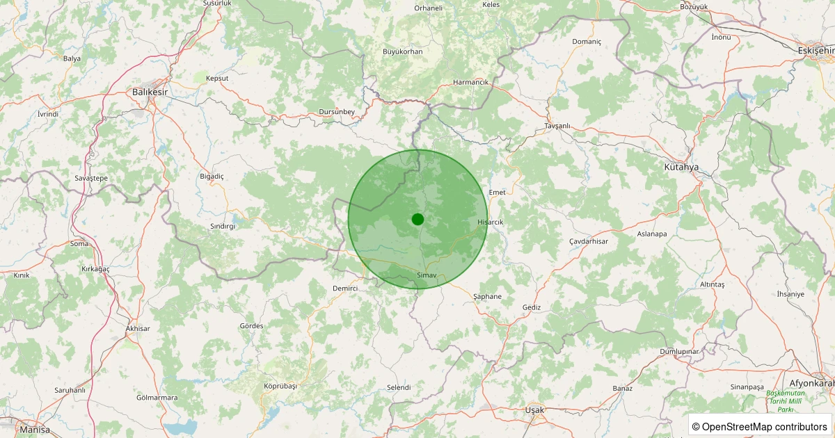 03 Aralık 2025 saat 22:19 - Simav - Karakoca Köyü - 1.30ML depreminin harita gösterimi