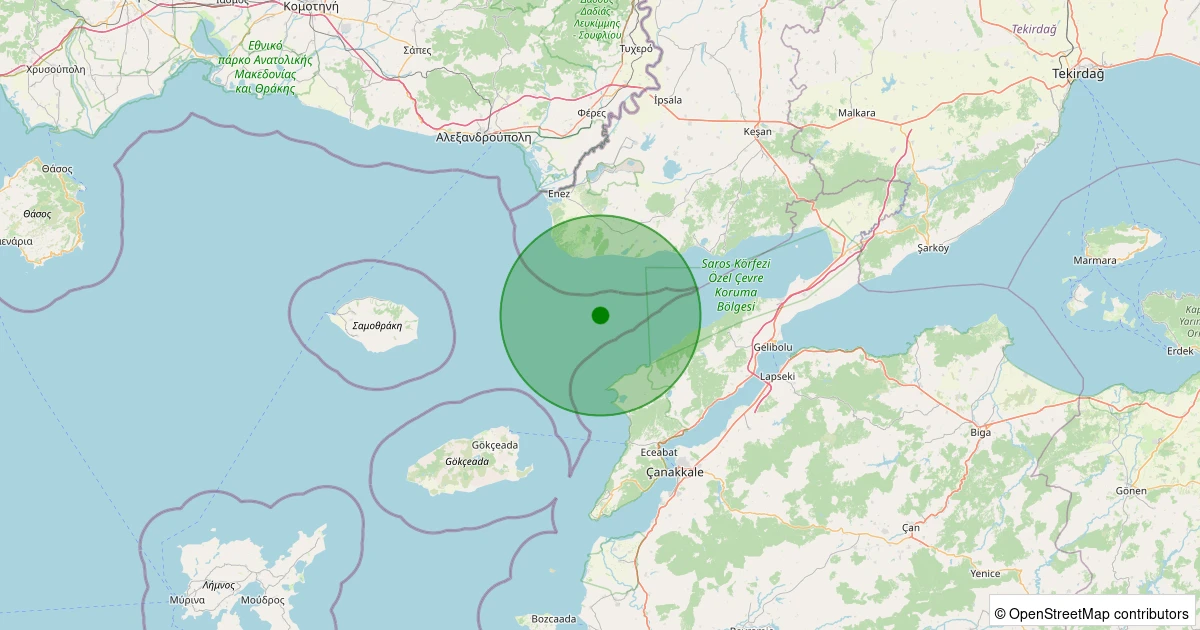 04 Aralık 2025 saat 15:07 - Ege Denizi - Saros Körfezi - [16.86 km] Enez (Edirne) - 1.60ML depreminin harita gösterimi