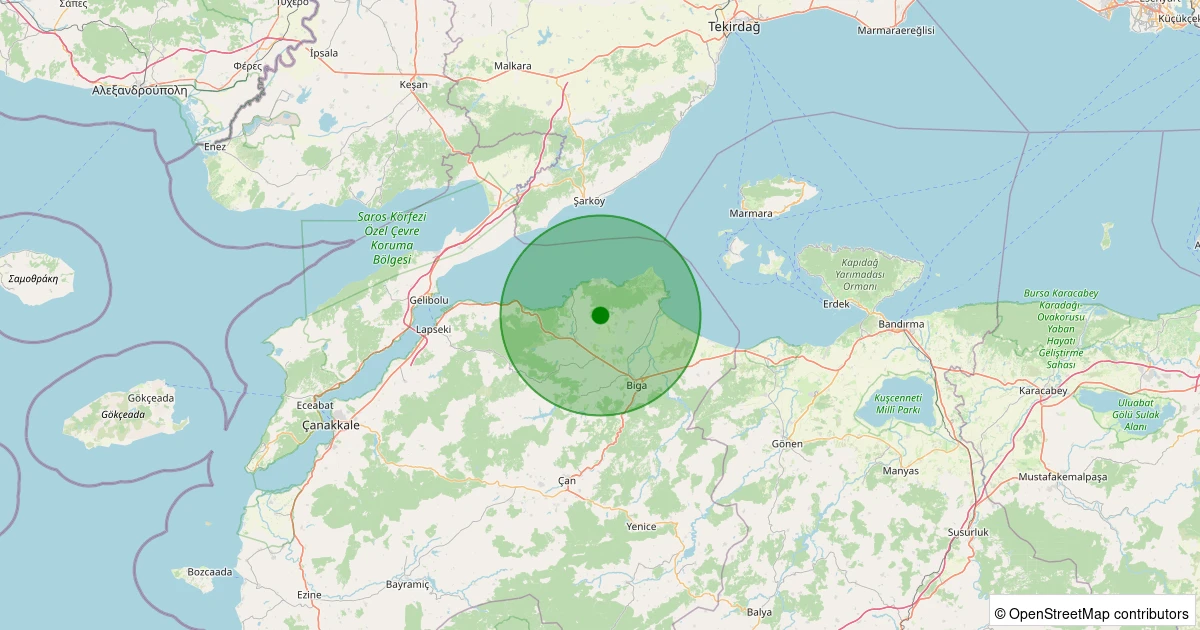 04 Aralık 2025 saat 23:53 - Biga - Karahamzalar Köyü - 2.00ML depreminin harita gösterimi