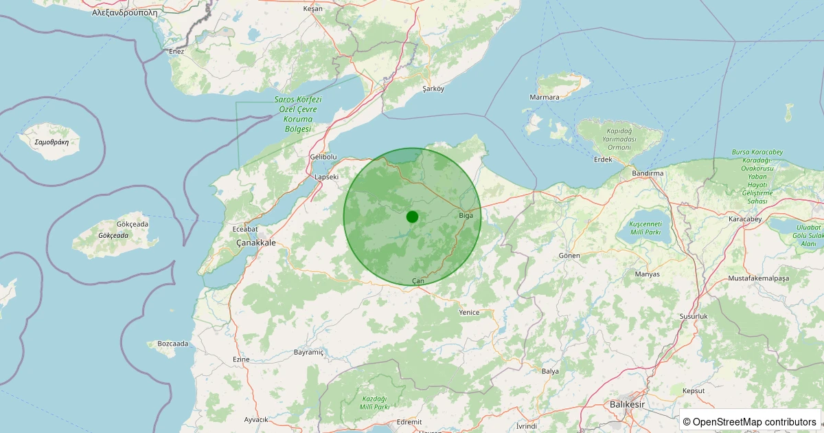 05 Aralık 2025 saat 21:09 - Biga - Gürçeşme Köyü - 2.00ml depreminin harita gösterimi