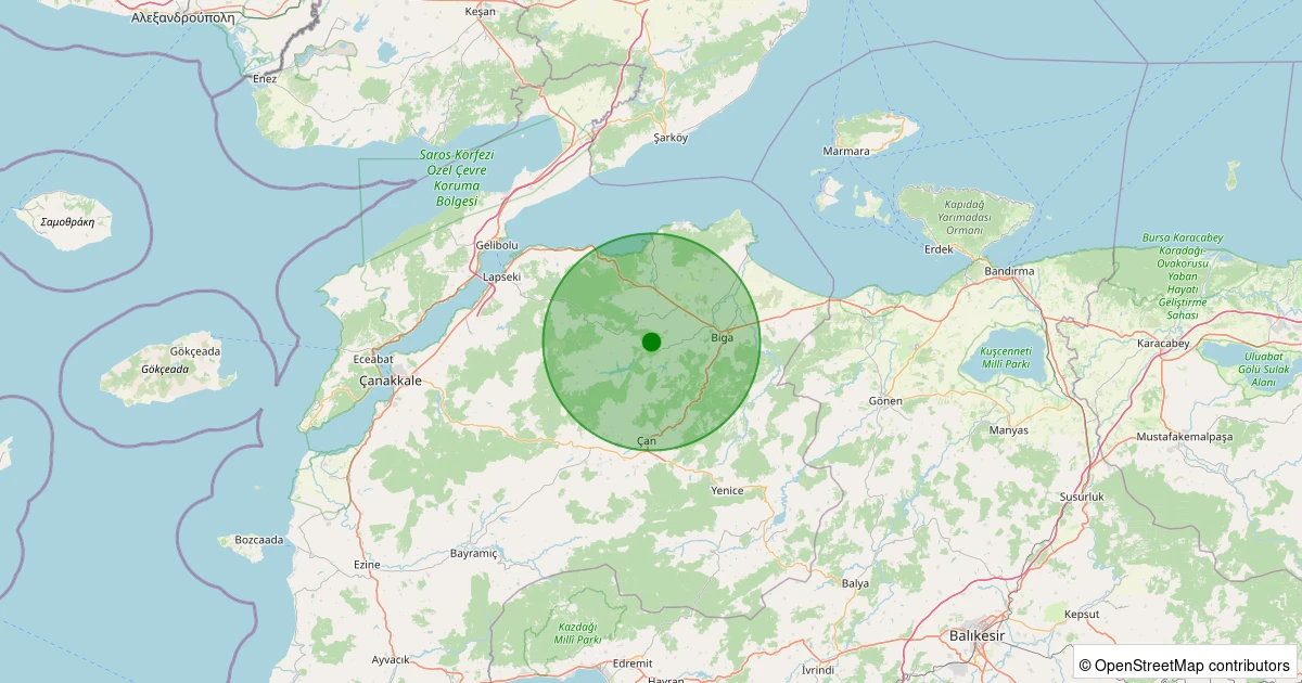 05 Aralık 2025 saat 21:09 - Biga - Danişment Köyü - 1.80ML depreminin harita gösterimi