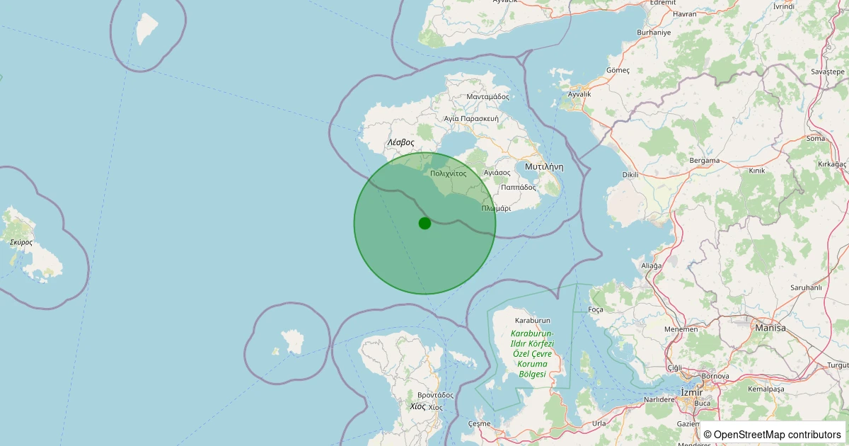 05 Aralık 2025 saat 22:16 - MIDILLI - 1.90ml depreminin harita gösterimi