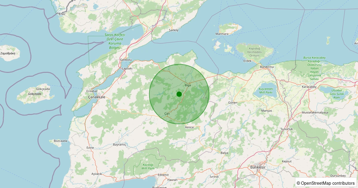 06 Aralık 2025 saat 02:25 - Biga - Sarısıvat Köyü - 1.00ml depreminin harita gösterimi