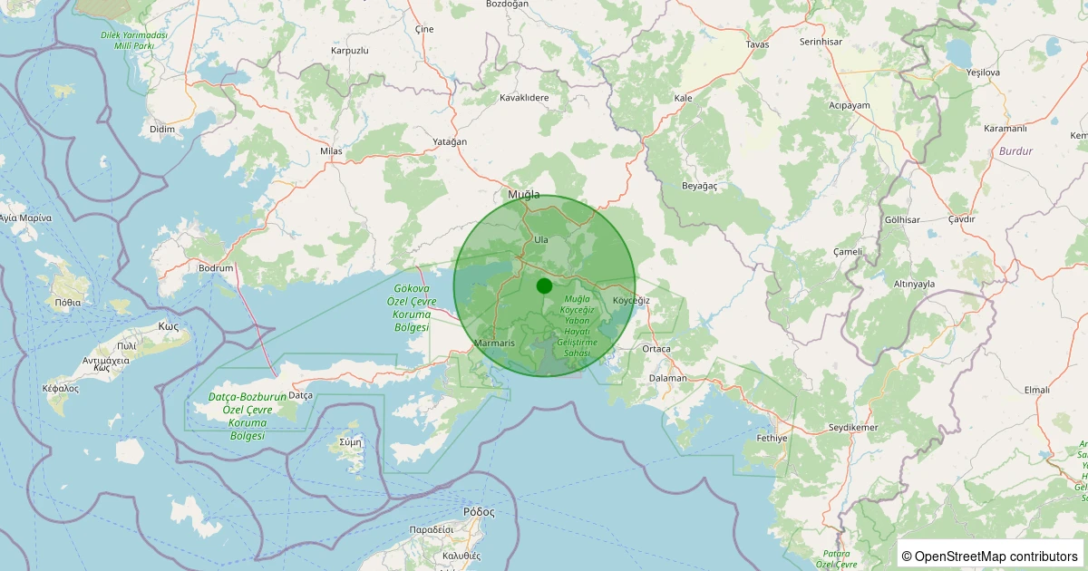 07 Aralık 2025 saat 07:06 - Ula - Yeşilçam Köyü - 1.90ml depreminin harita gösterimi