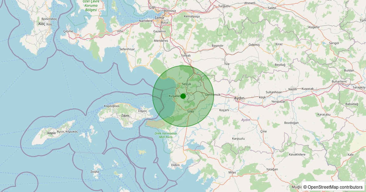 07 Aralık 2025 saat 17:54 - Kuşadası - Yeniköy Köyü - 3.70ml depreminin harita gösterimi