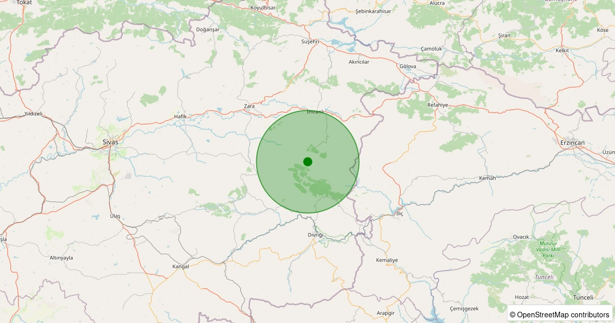 07 Aralık 2025 saat 21:52 - Zara - Evrencik Köyü - 2.00ml depreminin harita gösterimi