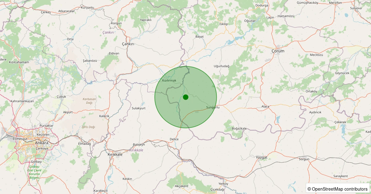 08 Aralık 2025 saat 02:57 - Sungurlu - Bozyayla Köyü - 1.00ml depreminin harita gösterimi