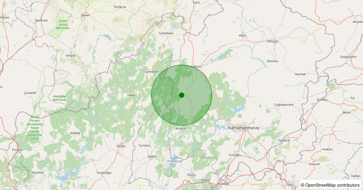 08 Aralık 2025 saat 05:30 - Andırın - Geben/Çamlıca - 1.20ml depreminin harita gösterimi