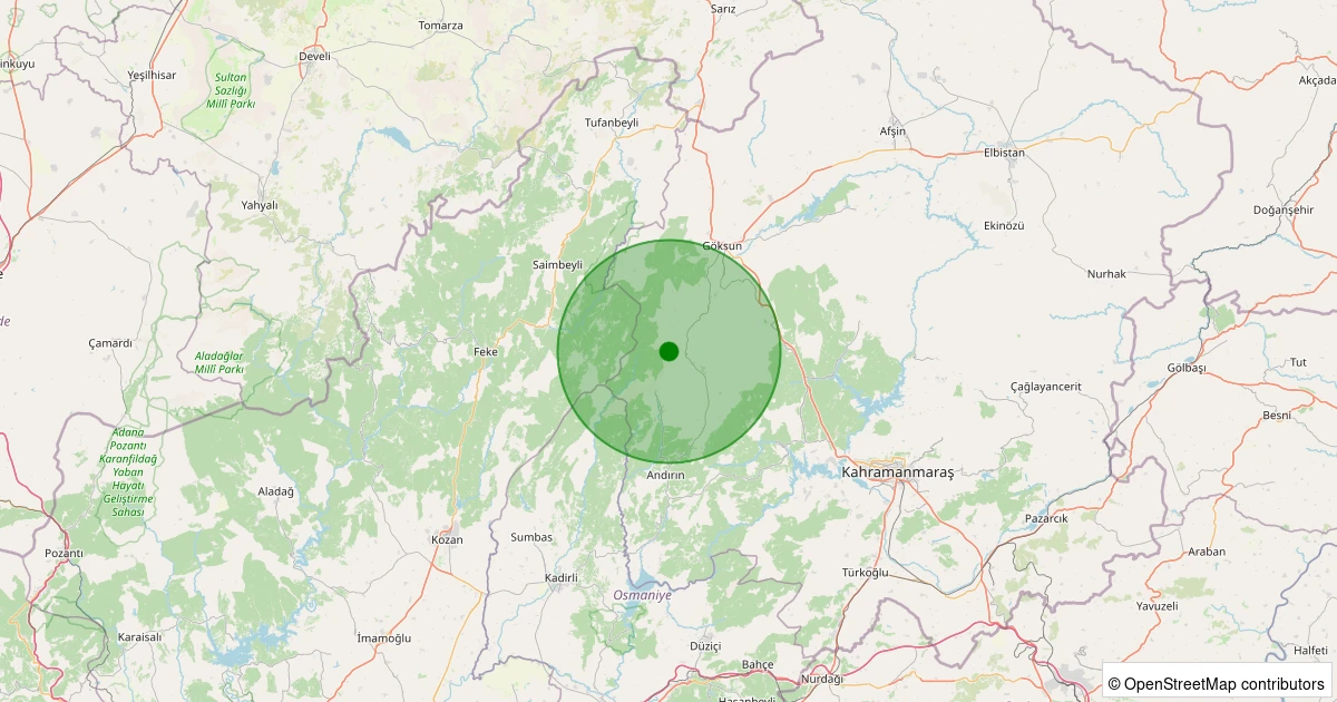 08 Aralık 2025 saat 05:30 - Andırın - Geben/Çamlıca - 1.20ML depreminin harita gösterimi