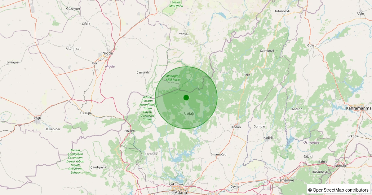 09 Aralık 2025 saat 13:53 - Aladağ - Yetimli - 2.10ml depreminin harita gösterimi
