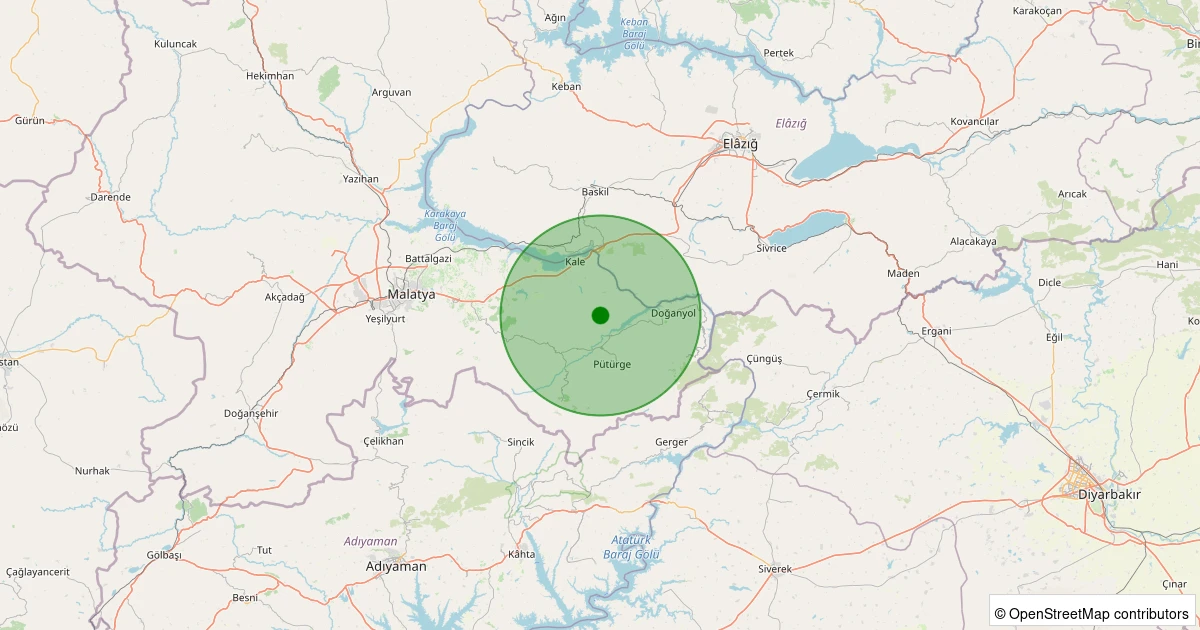 10 Aralık 2025 saat 02:21 - Pütürge - Bölükkaya Köyü - 1.70ml depreminin harita gösterimi