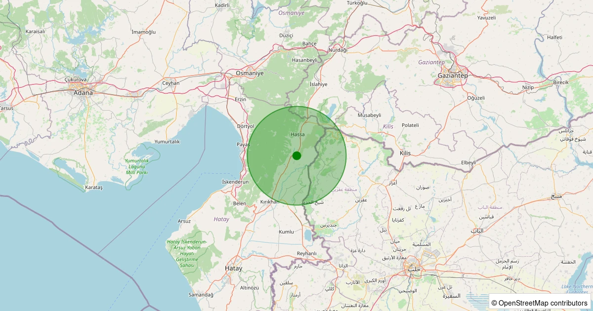 10 Aralık 2025 saat 05:00 - Hassa - Aktepe Köyü - 1.50ML depreminin harita gösterimi