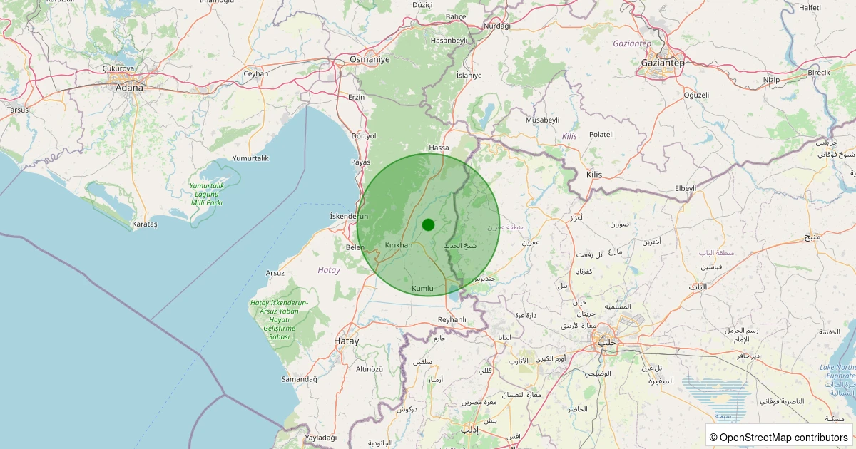 10 Aralık 2025 saat 13:02 - Kırıkhan - Yalangoz Köyü - 2.00ml depreminin harita gösterimi