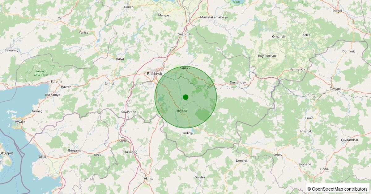 10 Aralık 2025 saat 13:00 - Bigadiç - İskele - 1.20ML depreminin harita gösterimi