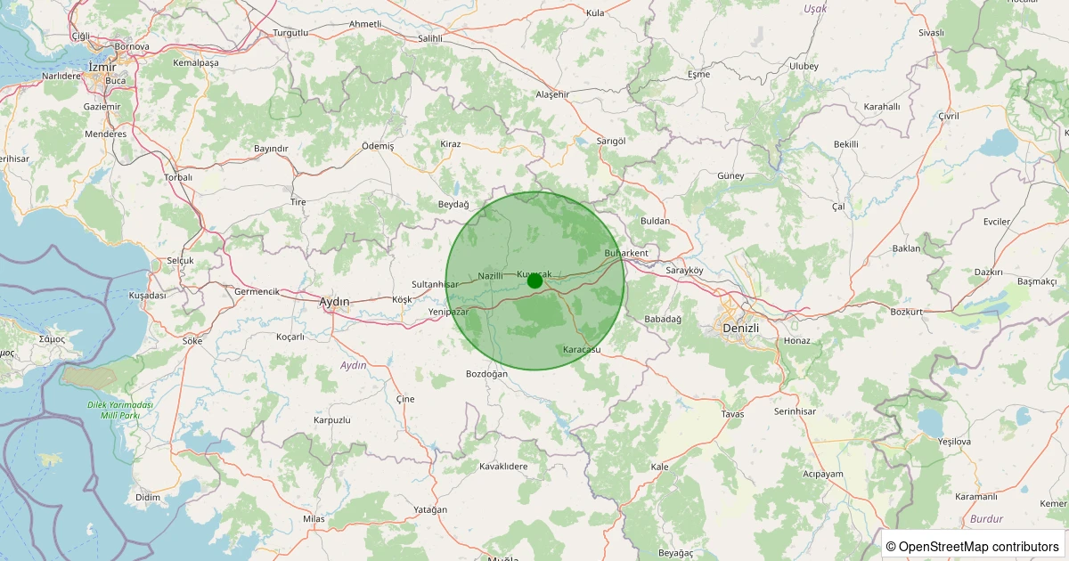 10 Aralık 2025 saat 14:05 - Kuyucak - Merkez Beşeylül - 3.00ML depreminin harita gösterimi