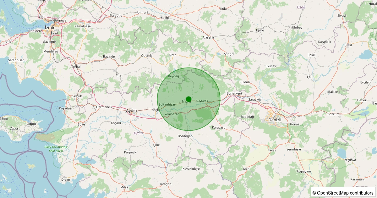 10 Aralık 2025 saat 17:32 - Nazilli - Yeşil - 0.80ml depreminin harita gösterimi
