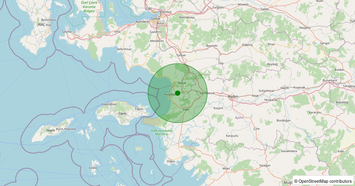 07 Aralık 2025 saat 21:18 - Kuşadası - Yeniköy Köyü - 2.10ml depreminin harita gösterimi