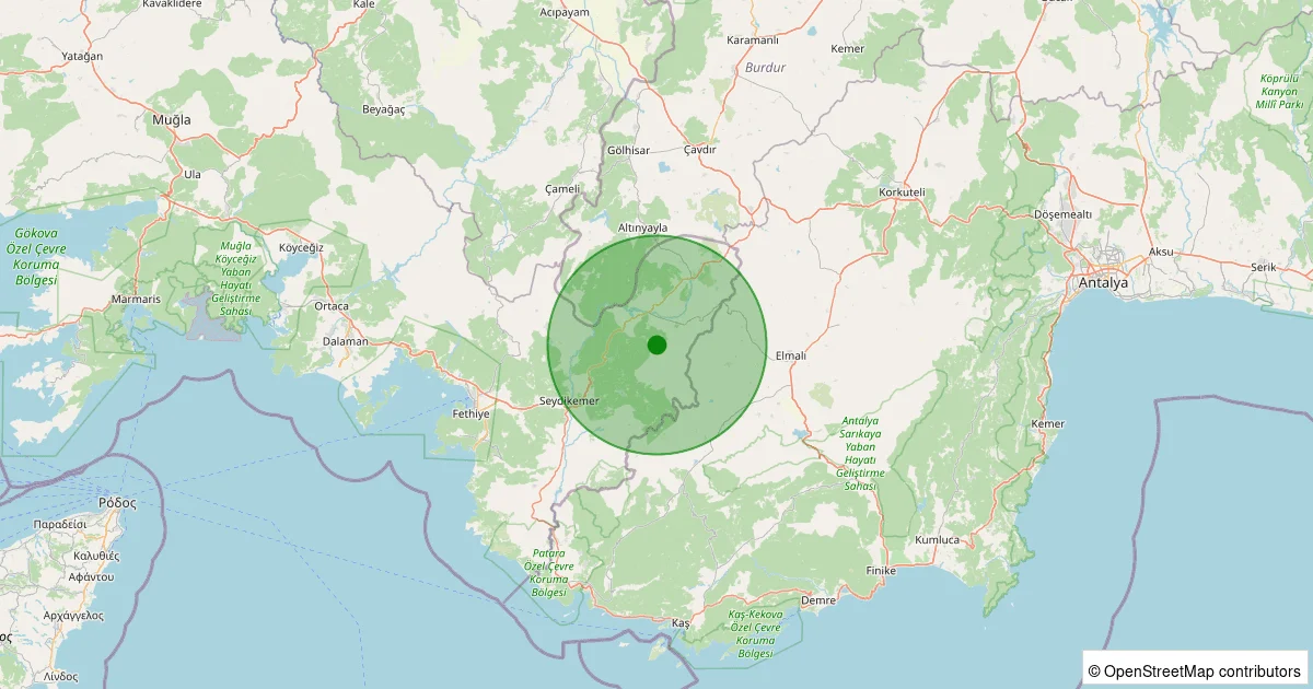 14 Ekim 2025 saat 16:24 - Fethiye - Y.Yakacık - 1.20ML depreminin harita gösterimi