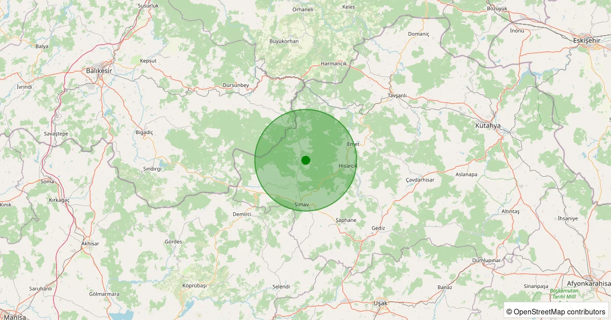 14 Ekim 2025 saat 16:33 - Simav - Yeşildere Köyü - 1.30ml depreminin harita gösterimi