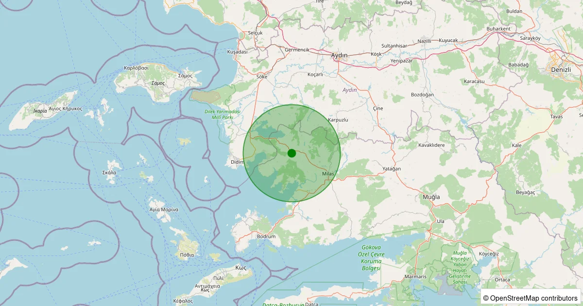 14 Ekim 2025 saat 22:54 - Milas - Kurudere - 1.50ML depreminin harita gösterimi