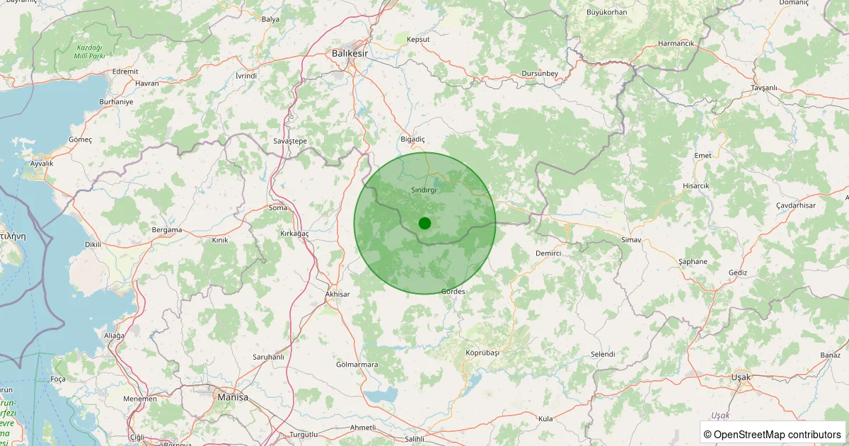 15 Ekim 2025 saat 03:10 - Sındırgı - Kınık - 1.30ml depreminin harita gösterimi