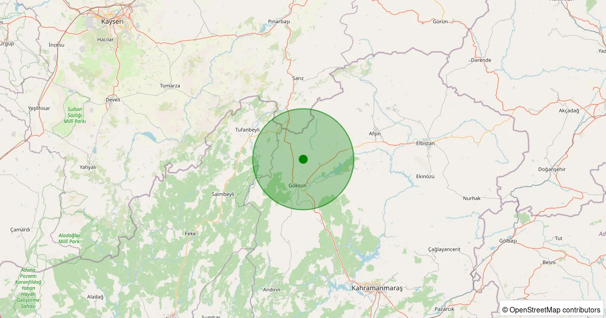 15 Ekim 2025 saat 07:20 - Göksun - Bozhüyük - 1.30ml depreminin harita gösterimi