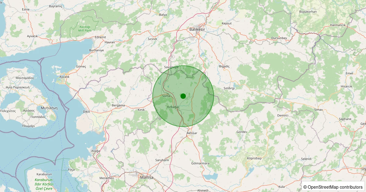 15 Ekim 2025 saat 11:37 - Kırkağaç - Yağmurlu - 1.30ML depreminin harita gösterimi