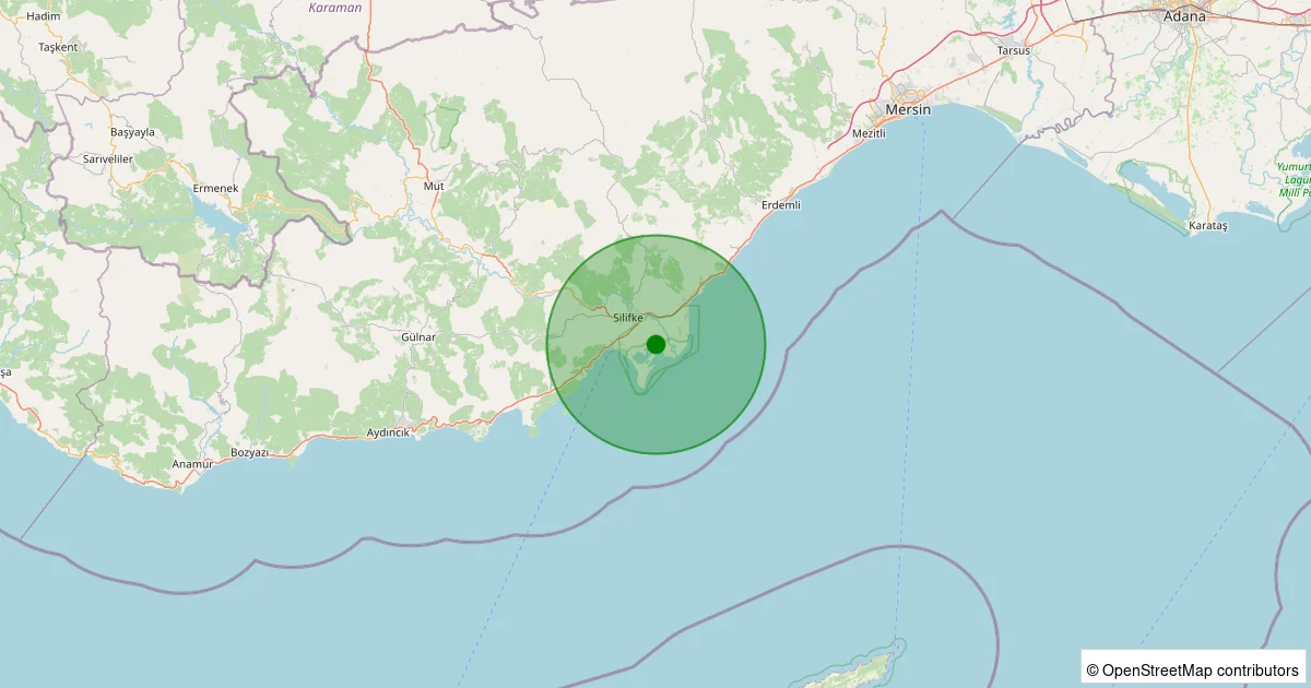 15 Ekim 2025 saat 12:25 - Silifke - Kurtuluş - 2.40ml depreminin harita gösterimi