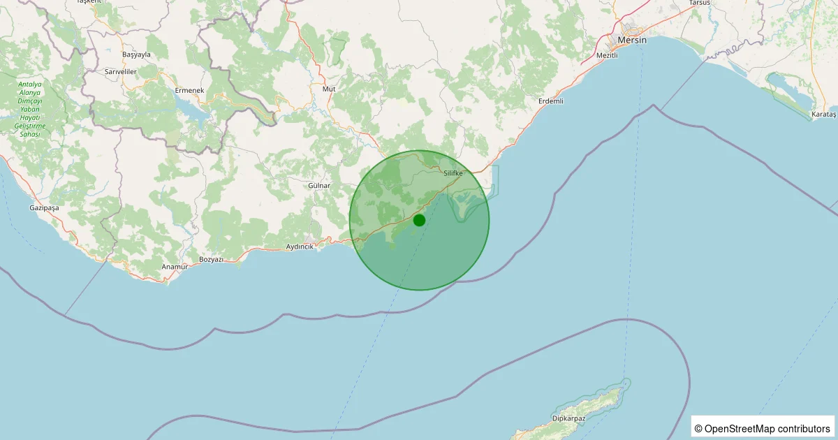 15 Ekim 2025 saat 12:28 - Mersin - 1.50ml depreminin harita gösterimi