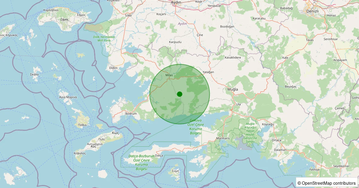 15 Ekim 2025 saat 12:00 - Milas - Bağdamlar - 1.40ml depreminin harita gösterimi