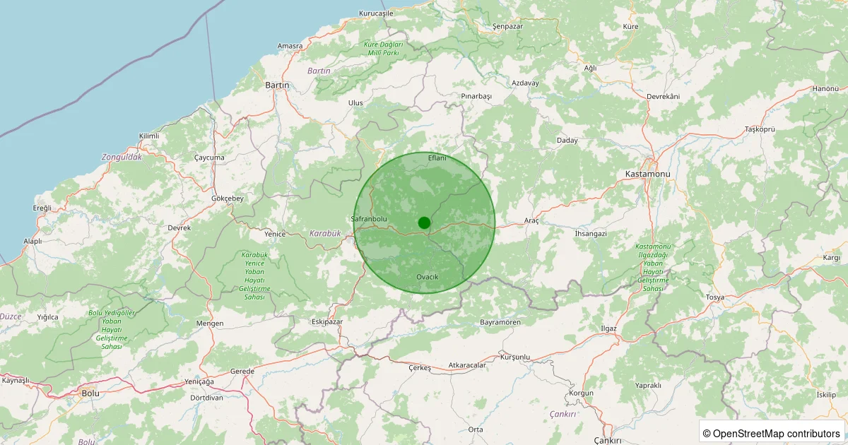 15 Ekim 2025 saat 14:05 - Safranbolu - Harmancık Köyü - 1.00ML depreminin harita gösterimi