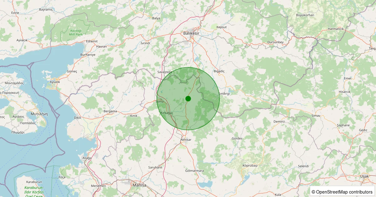 15 Ekim 2025 saat 14:45 - Kırkağaç - Kınık - 2.30ml depreminin harita gösterimi
